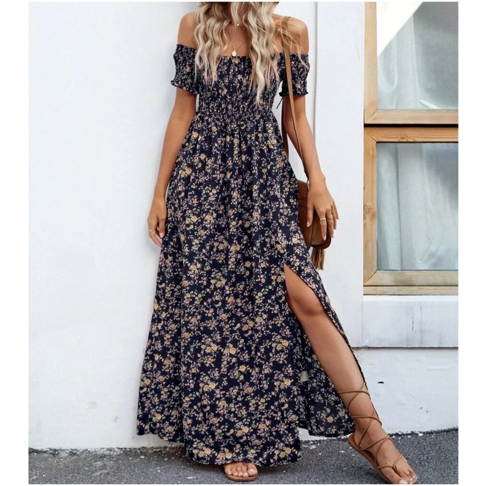 Boho Floral Print Off Shoulder Maxi Dress - Picture 5 of 8
